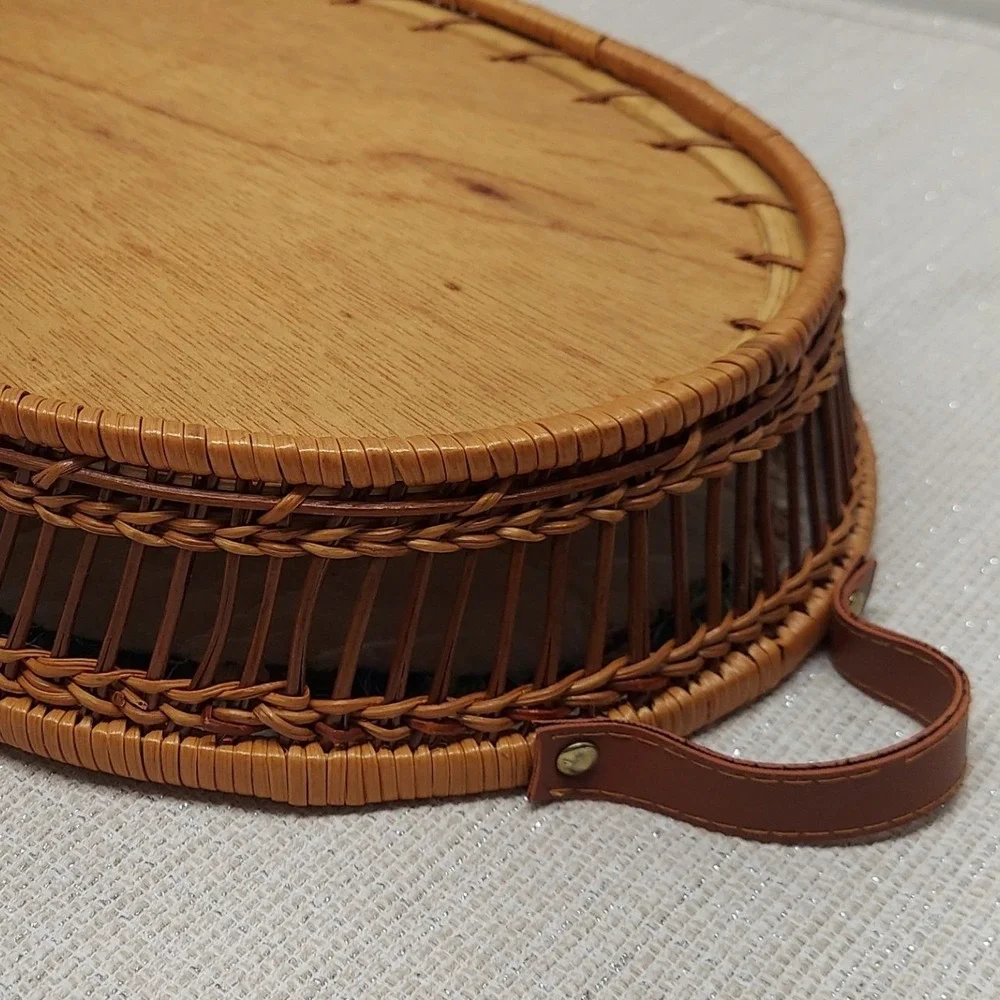 Vintage Oval Wicker Serving Tray Floral Quilted Liner Wood Base 16